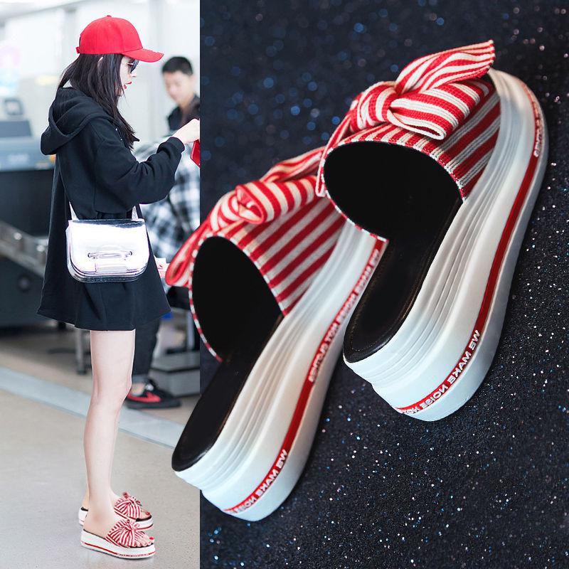 Slippers women wear fashionable all-match summer Ribbon muffin thick bottom chic sandals High heel