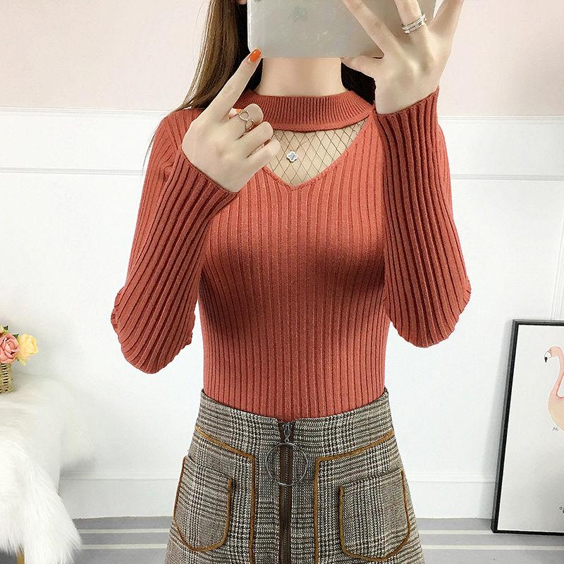 Pofulove sweater women's autumn new V-neck hollow lace winter coat thick long-sleeved bottoming shirt women