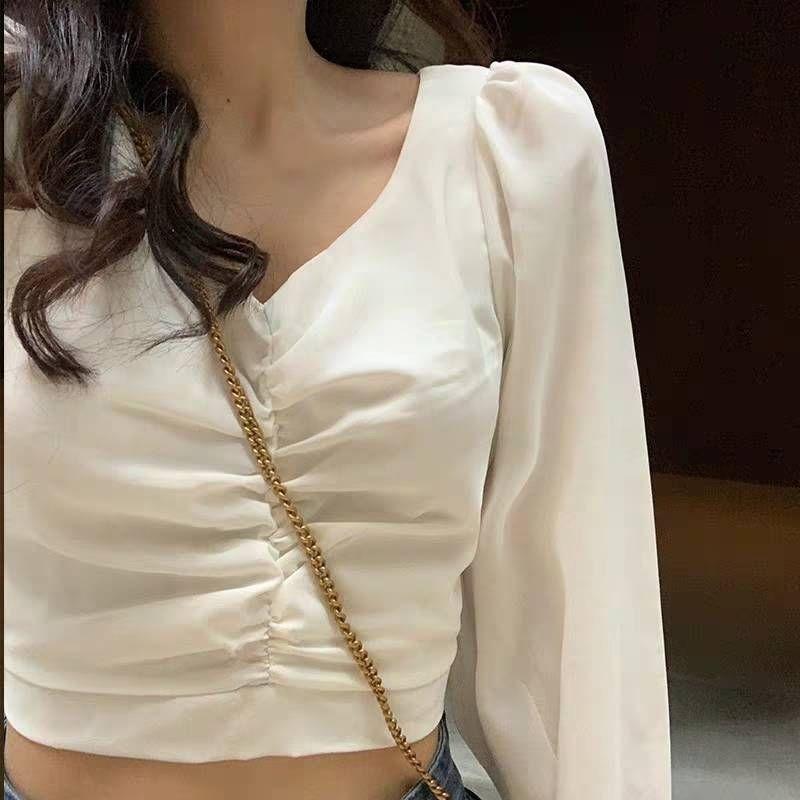 Puff sleeve T-Shirts for Women's Fall New White Solid Long Sleeve V-Neck Casual Harajuku Tops Female Tee
