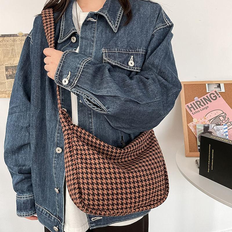 Women Houndstooth Diagonal Bag Canvas Travel Casual Large Daily Shoulder Tote Shopper Handbag Simple