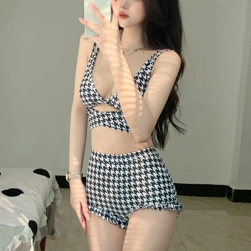 Sexy Plaid High Waist Swimsuit Women's Separate Swimsuit Bikini Sling Cross Bow Tie Bandage Cover Belly Ruffle Shorts Summer Beach Suit