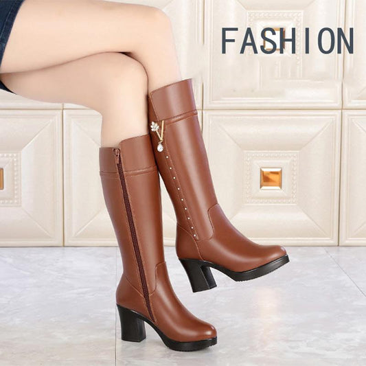 Leather Wool Winter Women's High-heeled Mid-tube Boots Thick-heeled Wool Plus Velvet Cotton Boots