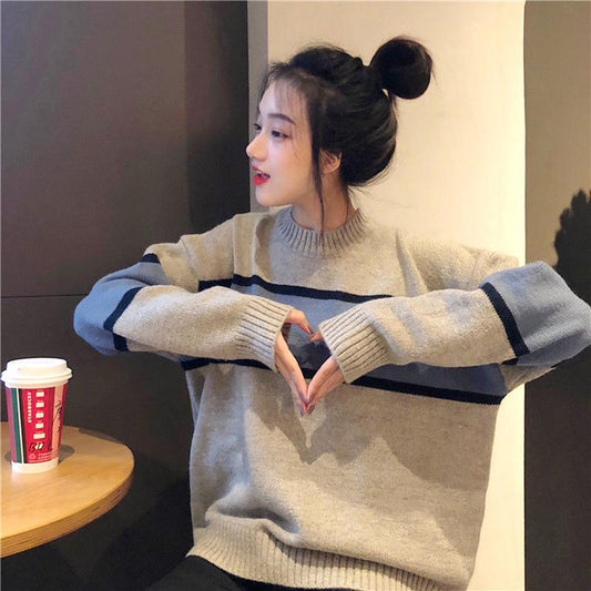 Autumn and Winter Pullover Crew Neck Sweater Korean Style College Style Color Matching Male and Female Students Loose Lazy Knit Jacket