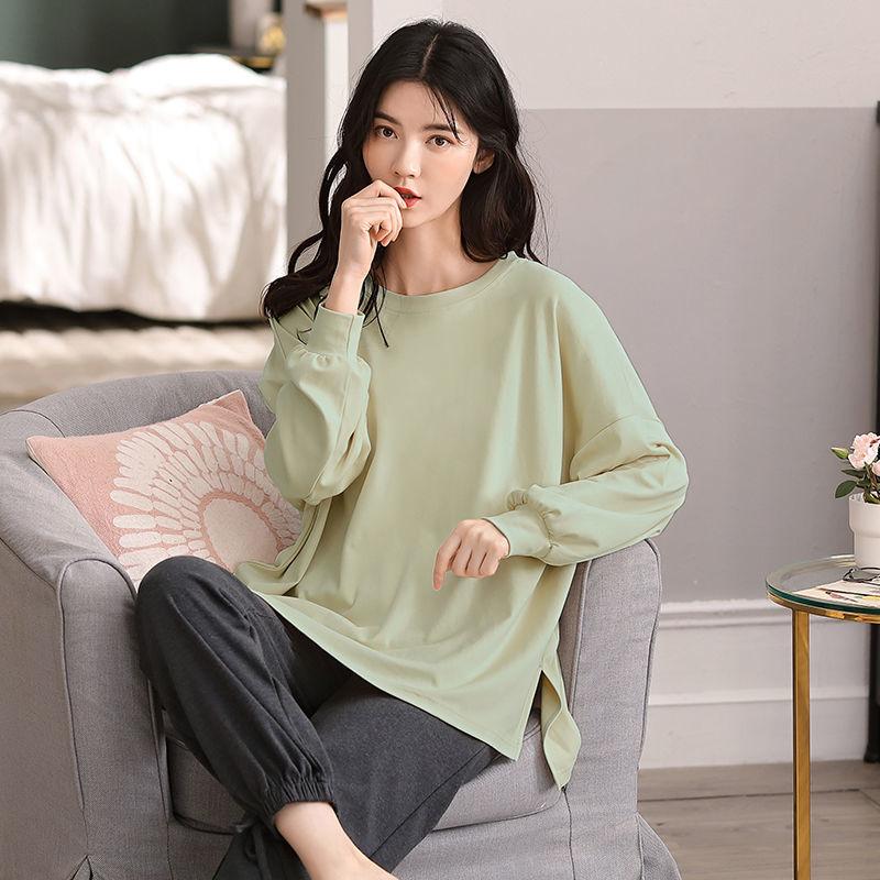 100% Double-sided Cotton Women's Pajamas Long-sleeved Outer Wearable Suit Korean Casual Winter Home Service Suit
