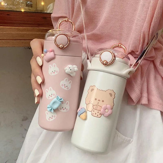 350/480ml Cartoons Stainless Steel Vacuum Flask Coffee Tea Milk Travel Straw Cup Cute Bear Water Bottle Insulated Thermos