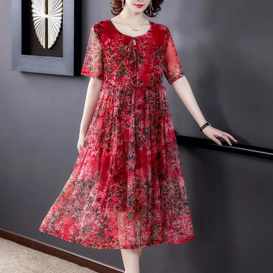 Summer Mesh Printed Short Sleeve Dress Large Size Loose Round Neck Midi Dress Women