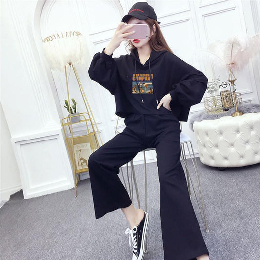 Casual Two-piece Women's Hooded Long-sleeved Hoodie Loose Wide-leg Trousers Sports Suit Sweat-absorbent Breathable and Comfortable