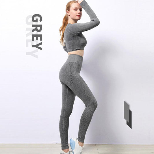 2PCS Women's Seamless Fitness Yoga Clothing Set Sports Long Sleeve Pants Set Bodybuilding Two Piece Set Tracksuit Active Wear Athletic Clothing Sets