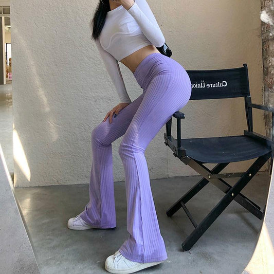 Foundation Solid Color Tight Pit Strip Casual Pants Female Micro-waist Obvious Thin Leg Long Sports Trousers