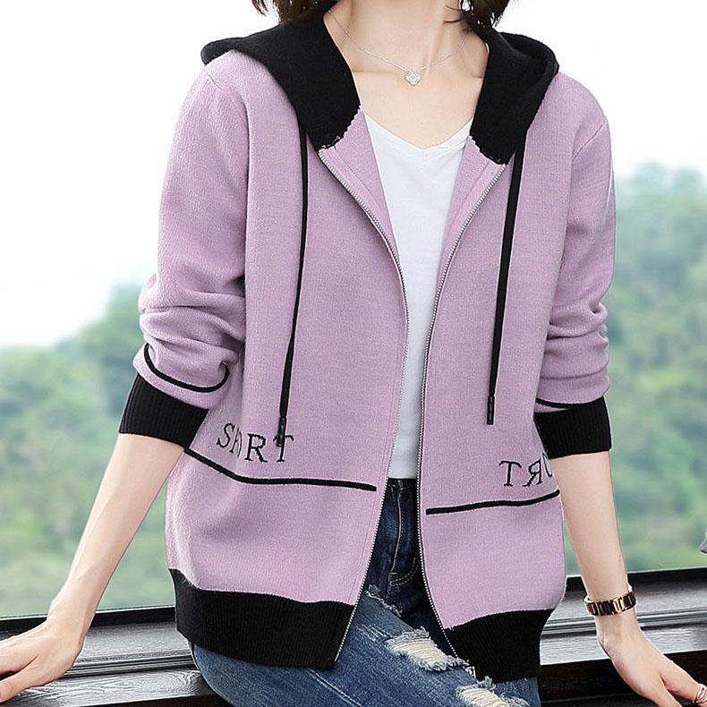 Women's Autumn Knitted Cardigan Coats Female Spring Versatile Long Sleeved Zipper Tops Large Size Solid Color Hooded Sweater