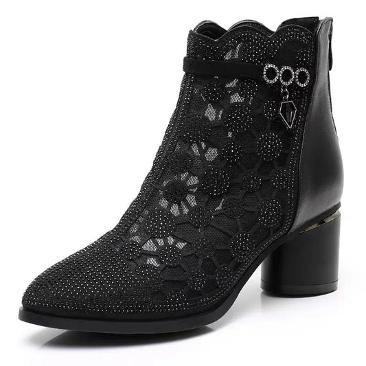 Sandals Women's Mesh Cool Boots All-match Hollow Rhinestone Breathable Thick-heeled Ankle Boots Women's Black High-heeled Boots