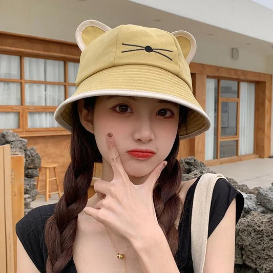 Women's Hat Spring Autumn Cartoon Cat Ears Fisherman Hat Sweet Cute Student Sun Hat Sunscreen Cap Basin Hat Daily All Match Hat