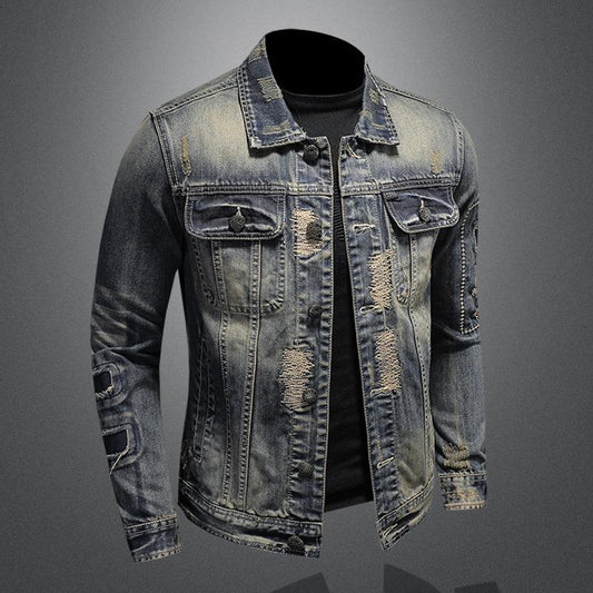 Spring and Autumn Men's Denim Jacket Europe and The United States Heavy Industry Hole Patch Denim Jacket Retro Worn Top