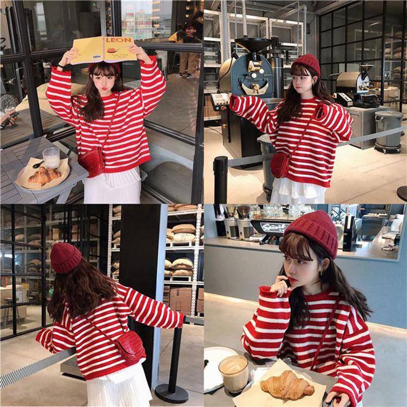 Color Striped Loose Striped Stretch Sweater Long Sleeve Round Neck Mesh Sweater Women