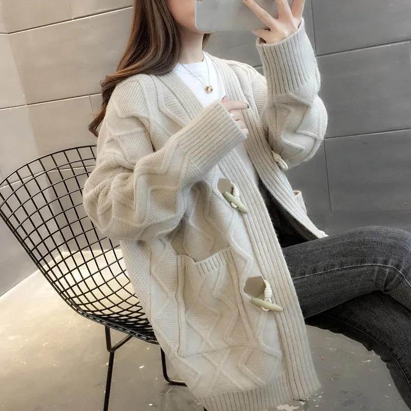 Lazy Style Knitted Cardigan Women's Autumn and Winter Style Thick Loose College Style V-neck Long-sleeved Sweater Jacket