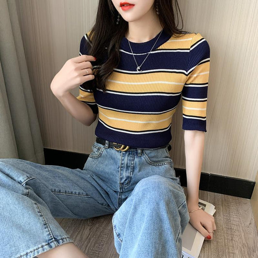 Spring Summer Casual Women Clothing Knitted T-Shirt Women Tops Short Sleeve Striped Knit Sweater