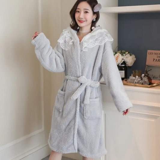 Cute Coral Fleece Nightgown Women's Autumn Winter Lace Cartoon Ears Thickened Velvet Warm Flannel Hooded Pajamas Bathrobe