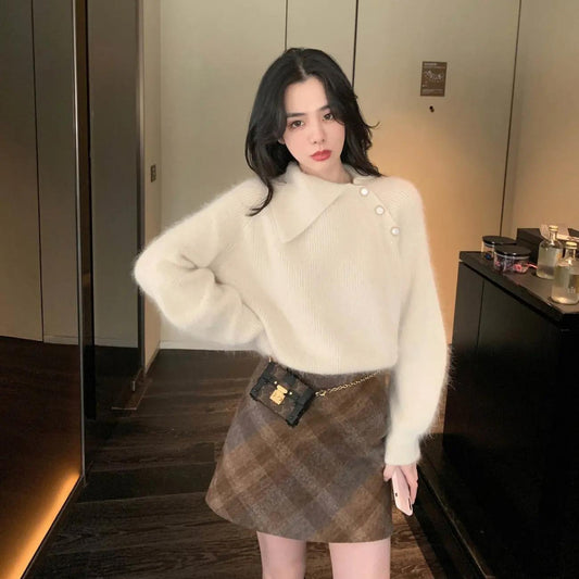 Fashion Imitation Mink Fleece Lazy Sweater Women's Korean Style Lapel Button Pullover Slim Fit Sweater