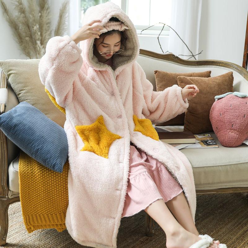 Pajamas Women Autumn and Winter Coral Fleece Stars Long Style Can Be Worn Outside Flannel Plus Size Nightgown Women Winter Night Skirt Home Service
