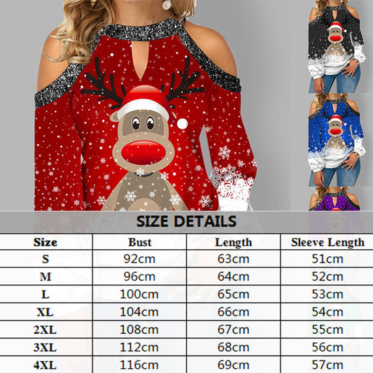 Elk Print T-Shirt Round Neck Off Shoulder Top Christmas Ladies Vintage Long Sleeve Shirt Women Sexy Tops Harajuku Graphic Tee