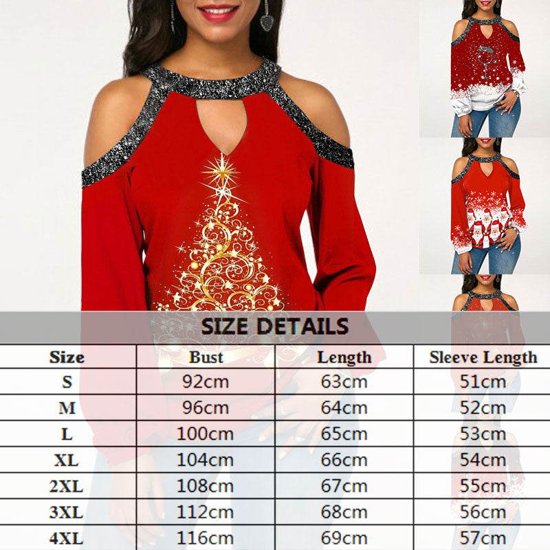 Printed T-shirt Sparkling Stitching Off Shoulder Festival-themed Shirt Women's Long-sleeved Blouse Sexy Halter Streetwear Shirts
