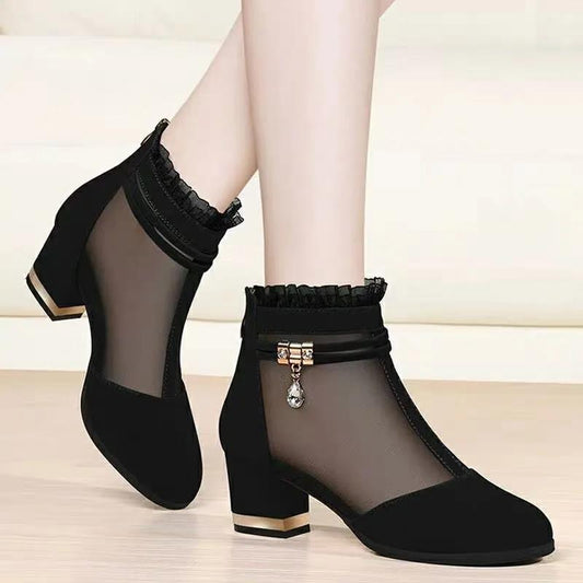 Mesh Women's Shoes High Heels Thick Heel Short Tube Women Boots Black Single Shoes