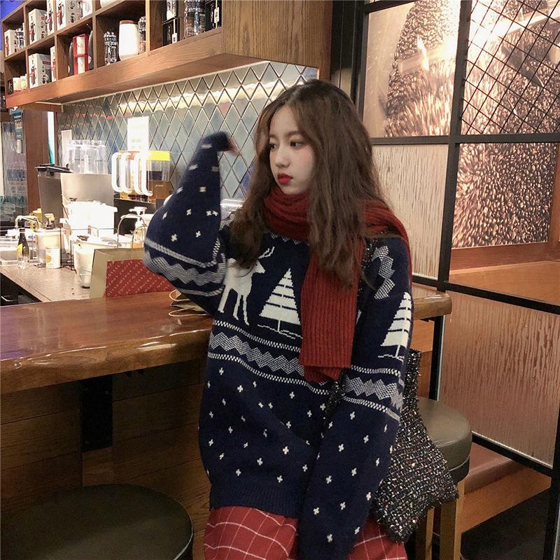 Woman Long Sleeve Red Autumn Winter Christmas Deer Sweater O-neck Pullover Tops Women