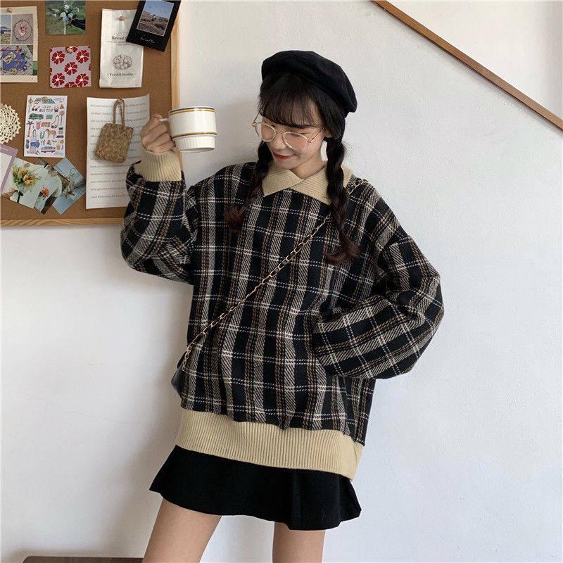 Autumn and winter new warm sweet plaid sweater female students loose hooded wild woolen coat