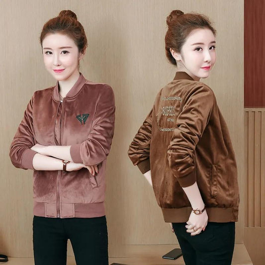 Gold Velvet Short Jacket Women's Spring Autumn Baseball Uniform Jacket Loose Thin Large Size Solid Color Zipper Pocket