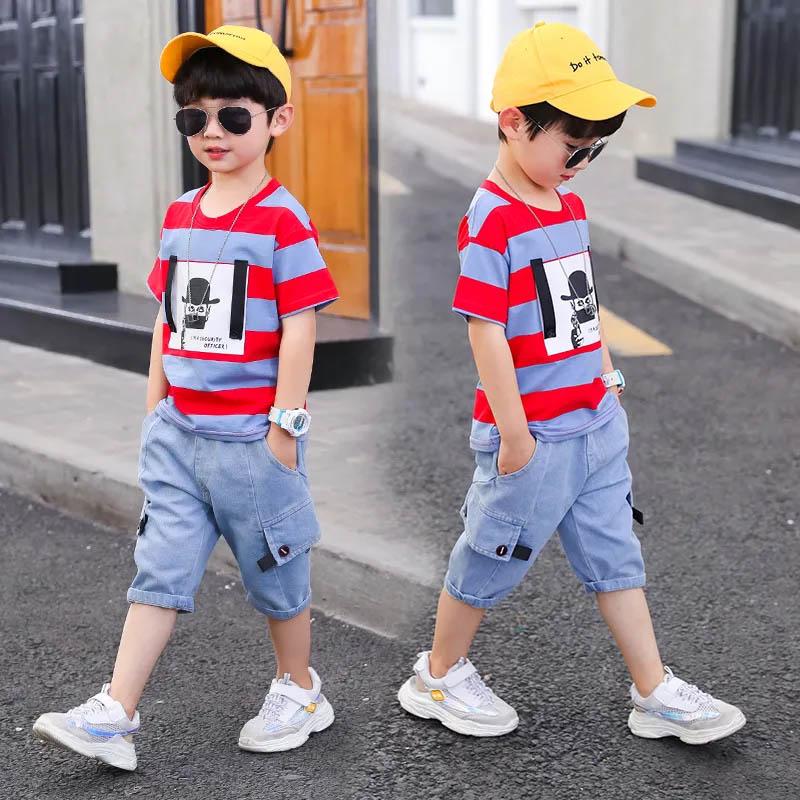 Children's Clothing Boys Summer Suit Short-sleeved Pullover Top + Denim Shorts Boys Sports Leisure Breathable and Comfortable Two-piece Suit