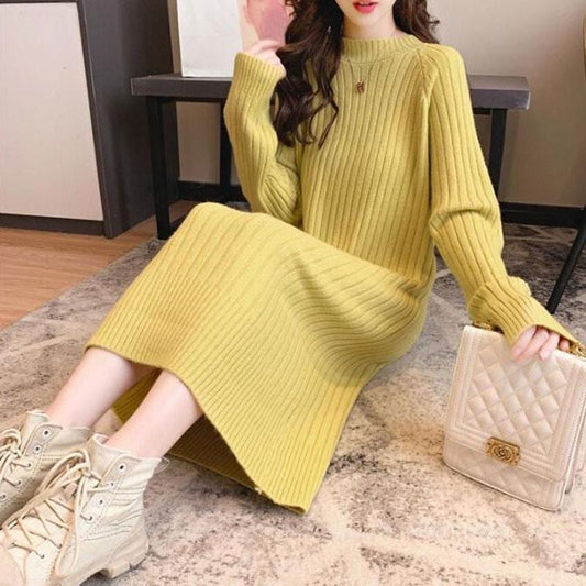 Round Neck Vertical Sweater Women Long Pullover Knit Tops Winter Bottoming Dress Knitted Lady