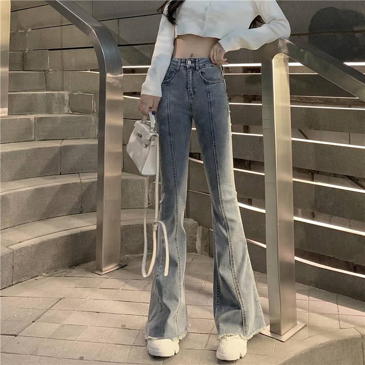 Women Fashion Wide Leg Flared Jeans Denim Comfortable Loose Jeans Zipper Pocket Trousers