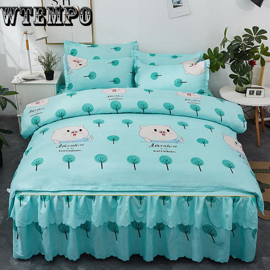 Simple Style Printing Bedspread Cotton Bed Skirt Pillowcase Bedding Bed Sets Queen King Size