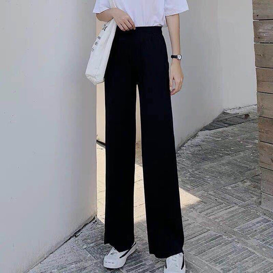 WTEMPO Mid Waist Pure Color Trousers Women's Wide-leg Pants Super Long Elastic Waist Straight Loose Casual and Elegant Daily
