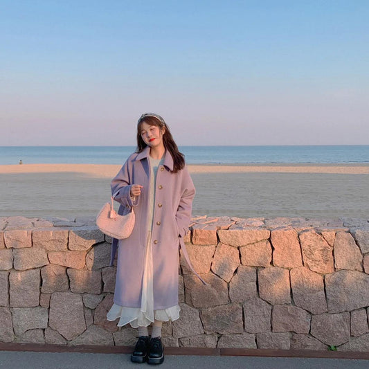 Purple Mid-length Woolen Coat Women Winter College Style Loose Tie Thickening Plus Cotton Woolen Coat Women