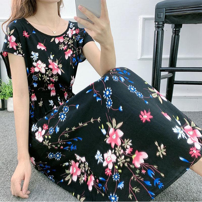 Ethnic Style Cotton Silk Floral Dress Seaside Holiday Fairy Skirt Large Print Mid-length Skirt