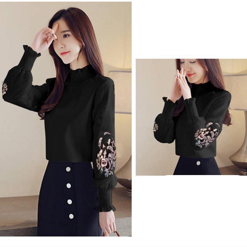 Pofulove Wild High Collar Long Sleeve Shirt Women Plus Velvet Embroidered Shirt Women Loose
