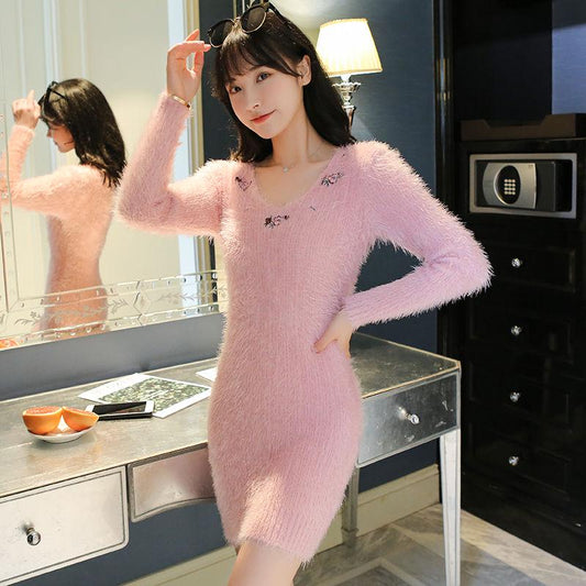 Autumn Women Knitting Skirt Solid Color Turtleneck Knit Sweater Slim Skirt Set