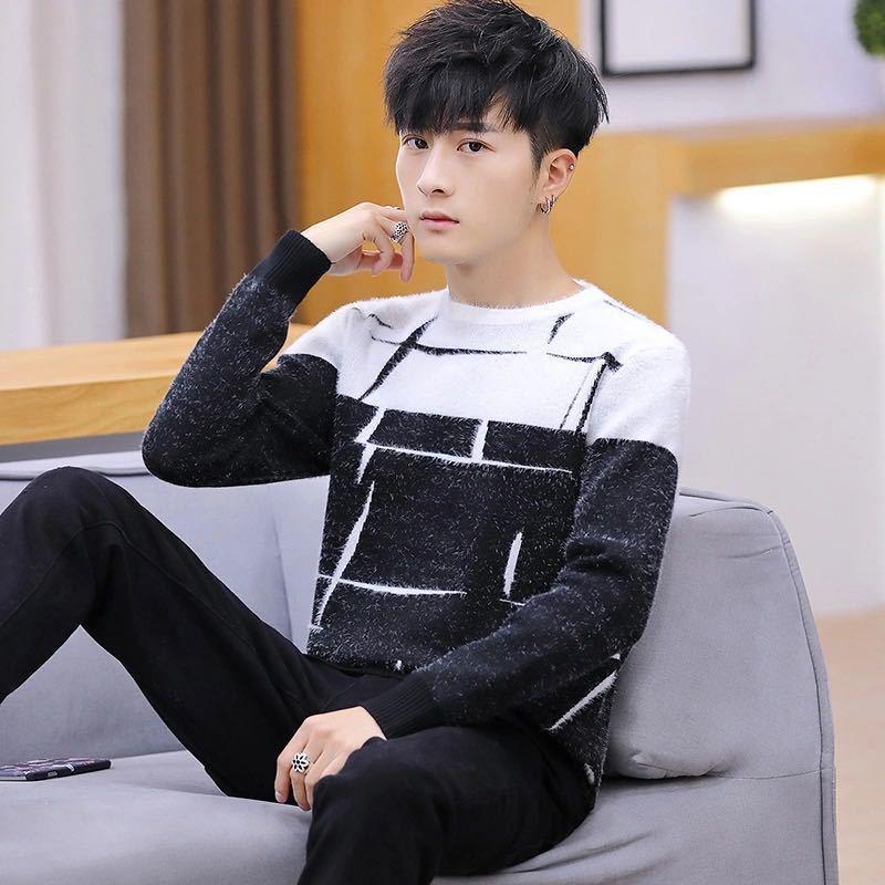 Autumn and Winter Slim Long-sleeved Sweater Round Neck Splicing Color Pullover Top Fashion Casual Elastic Coat