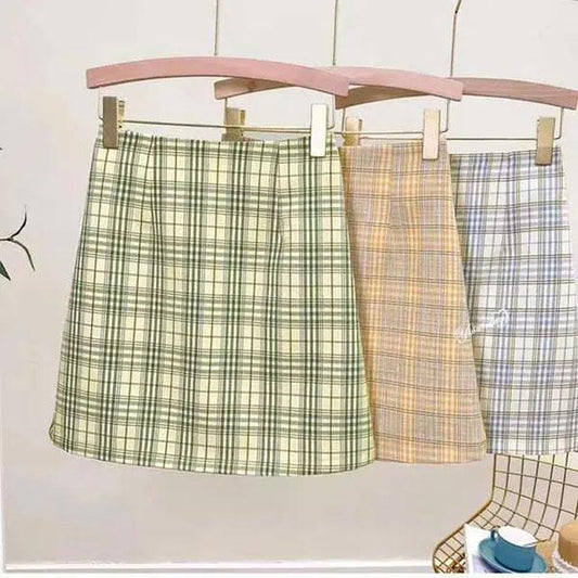 Retro Plaid Skirt Women's Summer Safety Panty Lining Plaid High Waist Bag Hip Skirt College Style All-match Thin Short Skirt