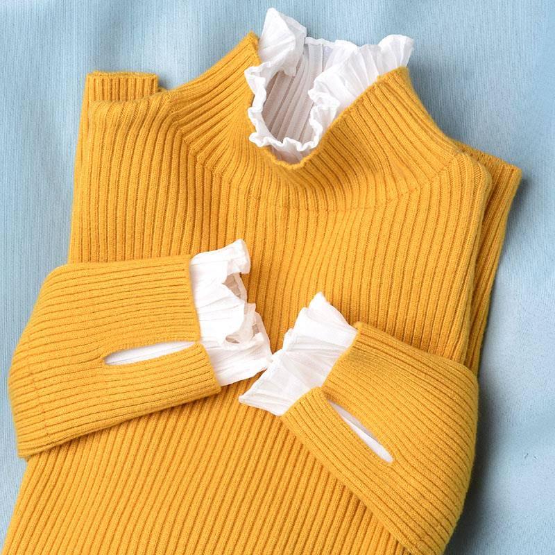 Pofulove Thickened Pullover Turtleneck Bottoming Sweater Women Winter Lotus Leaf Short-sleeved Shirt