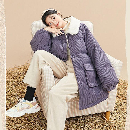Winter Hoodless Mid-length Padded Jacket Women Winter Plus Velvet Thick Loose Warm Cotton Jacket Button Design Simple and Generous