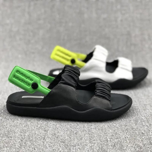 European Women's Shoes Summer Soft Leather Folds Color Matching Open Toe Flat Beach Sports Sandals Women