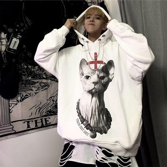 Autumn and Winter Sweater Women Dark Personality Hairless Cat Print