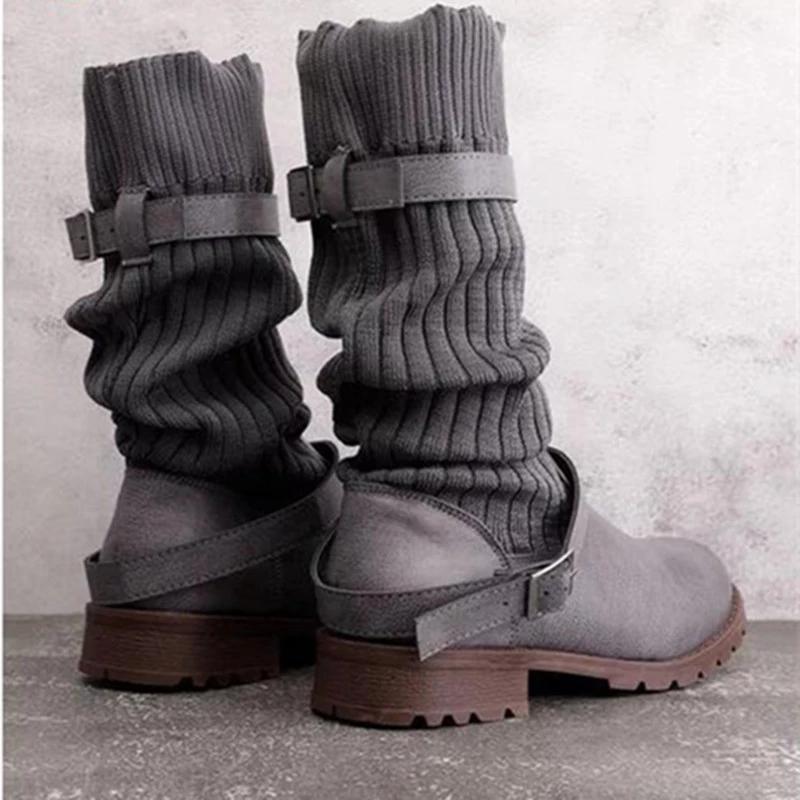 Women Sock Boots Winter Shoes Mid-calf Leather Boots Punk Goth Platform Shoes Belt Fashion Designer Boots Plus Size 35-43