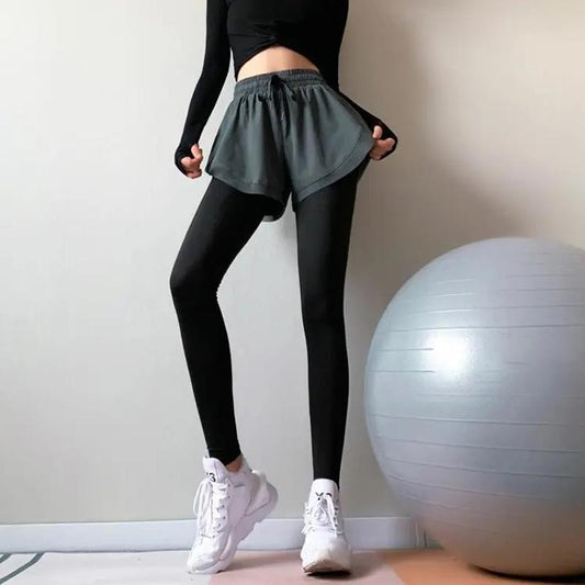 Women's High Waist Elastic Fake Two-piece Fitness Pants Tight Running Hakama Yoga Clothes Quick-drying Sports Slim Trousers Gym Running Pants