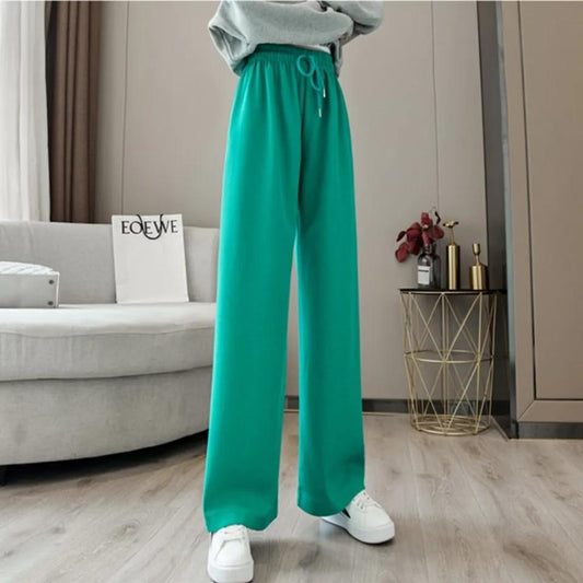 Waffle Elastic High Waist Casual Pants Autumn and Winter Women's Korean Style Loose Drape Wide Leg Trousers Show Leg Length Sports Jogging Pants