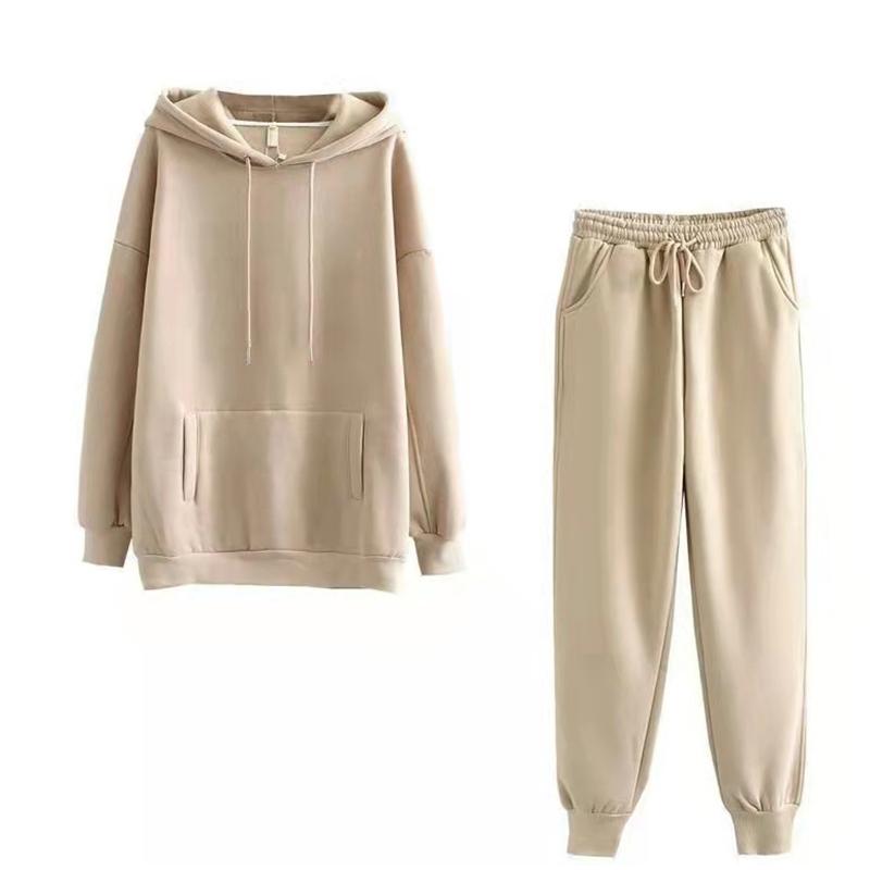2PCS Women Autumn Winter Hoodies Tracksuit Set Solid Color Oversize Hooded Pullover Sweatshirts 2 Pieces Sets