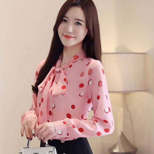 Korean Women's Long-sleeved Chiffon Shirt Lace-up Bow Women Blouse Lady Long Shirt Plus Size Casual Women Chiffon Blouse Puff Sleeve Blouse