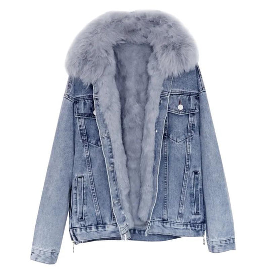 Large Fur Collar Denim Jacket Women's Short Style Plus Velvet Warmth Loose Plus Velvet Thick Cotton-padded Jacket Cotton Casual Winter Jacket